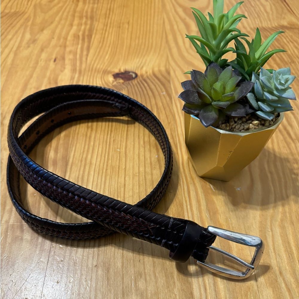 Brighton Belt Leather Braided Brown Woven Silvertone Buckle Sz 34 Women’s M20385